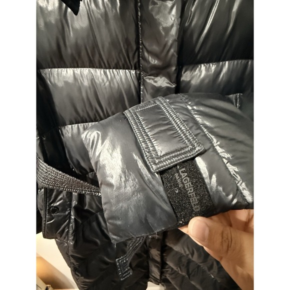 KARL LAGERFELD PARIS Women's Shine Hooded Belted Down Puffer Coat Black Red XL - Picture 2 of 9